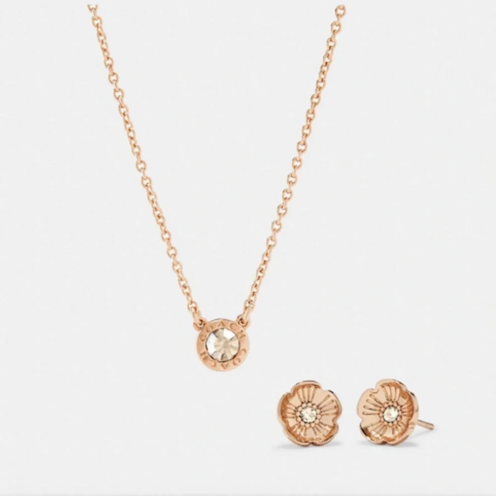 NEW Coach Open Circle Necklace & Tea Rose Stud Earrings  Style C6604 Rose Gold - Picture 5 of 12